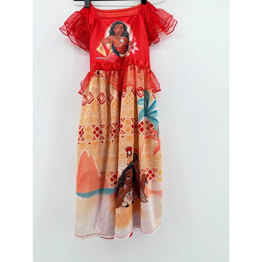 Disney Princess Moana Red Nightgown Girls Size S 6/6X Flutter Sleeve Sleep Dress